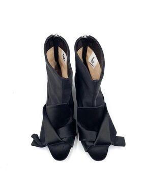 Black Satin Ankle Tie Peep-Toe Heels - Unbranded